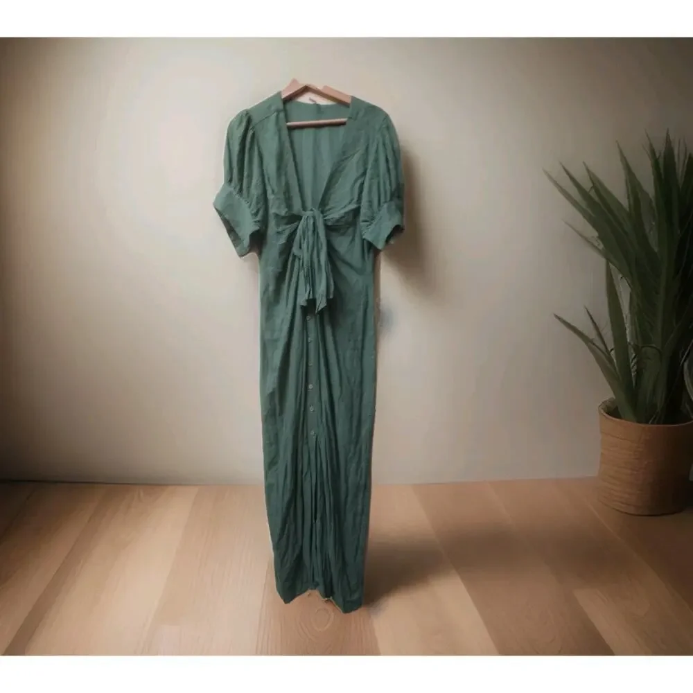 Free People Vintage Summer Button Green Olive Maxi Dress M
